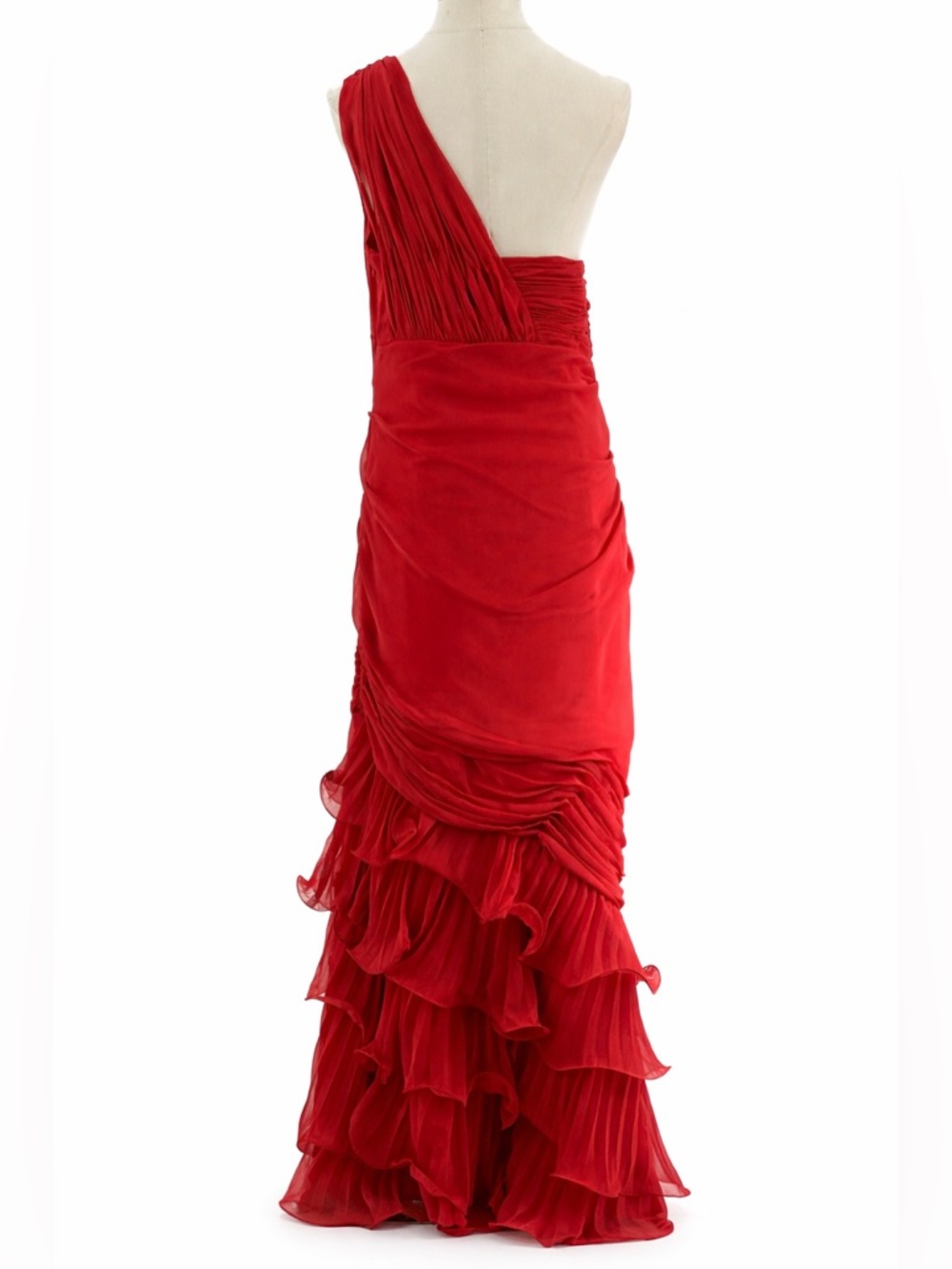 Dalia MacPhee Red One Shoulder Ruffle  Evening Gown Ruched Chiffon Formal  Dress - Picture 4 of 16